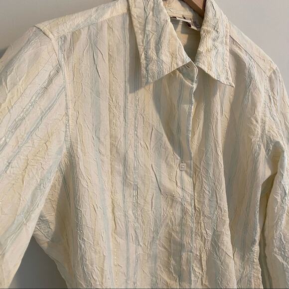 Johnny Cotton Pastel Yellow Blue Metallic Stripe Button Front Top Blouse 2 - Picture 4 of 14